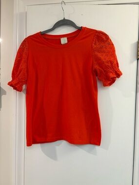 LOFT Red Eyelet Puff Sleeve Short Sleeve Tee